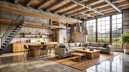 Unfinished wood and exposed concrete collide in a design that's both unfinished and raw, capturing the spirit of urban renewal with a palette of gray and brown.