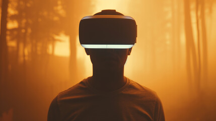 Man Wearing VR Headset Immersed in Virtual Reality, Standing Against a Mysterious Forest Backdrop with Golden Sunset Lighting