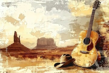 Western desert scene with guitar and hat
