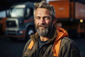 Portrait of adult truck driver man, cargo transportation