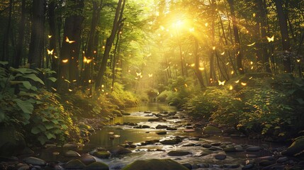 A perfectly beautiful stream There is light shining, creating a bright atmosphere.