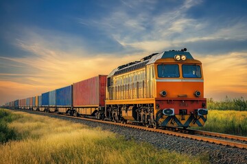 Obraz premium Freight train with colorful containers at sunset