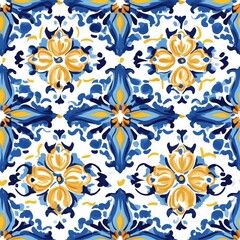 Portuguese Tile Seamless Pattern with Blue, White, and Yellow Colors