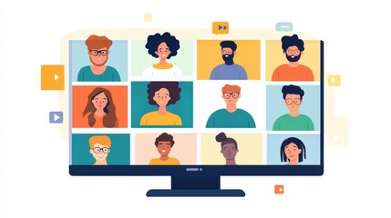 Modern video chat interface with diverse participants engaging in an online educational session on a clean white background, showcasing interactive learning