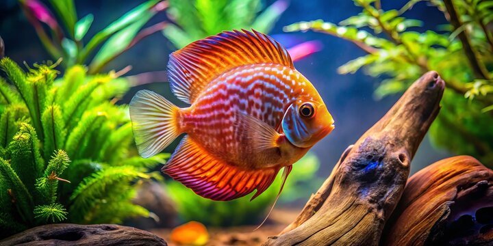 vibrant discus swimming freely amidst lush green java moss and aged driftwood in a serene warm-toned morning aquarium scene with soft diffused lighting