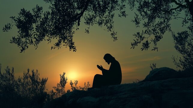Silhouette of jesus in gethsemane, prayer and reflection before betrayal and crucifixion