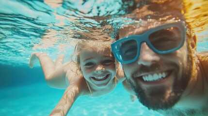 Naklejka premium Father & daughter swimming underwater in a pool on summer vacation. Googles water action shot. Happy family on holiday. Learning to swim. Blue Father's day banner concept 