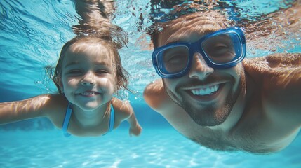 Father & daughter swimming underwater in a pool on summer vacation. Googles water action shot. Happy family on holiday. Learning to swim. Blue Father's day banner concept 