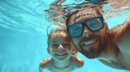 Naklejka premium Father & daughter swimming underwater in a pool on summer vacation. Googles water action shot. Happy family on holiday. Learning to swim. Blue Father's day banner concept 