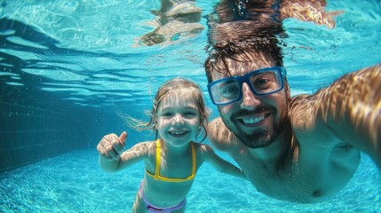 Father & daughter swimming underwater in a pool on summer vacation. Googles water action shot. Happy family on holiday. Learning to swim. Blue Father's day banner concept