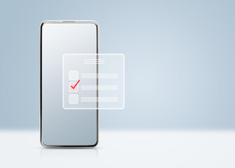 one smartphone and a hologram with one selected item out of three. concept of choice