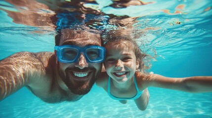 Naklejka premium Father & daughter swimming underwater in a pool on summer vacation. Googles water action shot. Happy family on holiday. Learning to swim. Blue Father's day banner concept 
