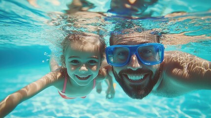 Naklejka premium Father & daughter swimming underwater in a pool on summer vacation. Googles water action shot. Happy family on holiday. Learning to swim. Blue Father's day banner concept 