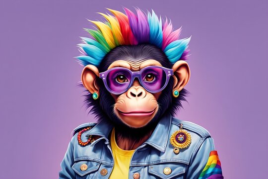female monkey chimpanzee with colourful hair and funky glasses wearing a denim jacket&nbsp;