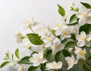 Exquisite jasmine blooms fill the air against a pristine white backdrop.