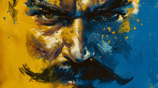 illustration face of ukrainian cossack in blue and yellow	
