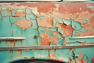 Close-up of peeling paint on old car with rust
