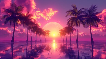 Sunset with Palm Trees and Pink Sky Reflection