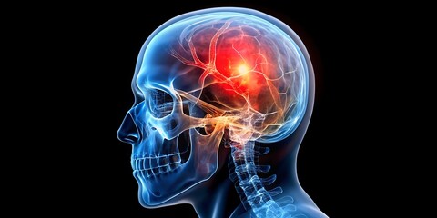 Human Skull X-ray Highlighting Headache Areas, Migraine Pain Visualization