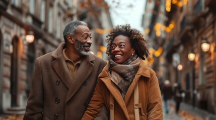 Elderly Couple on a Winter Evening Stroll in the City