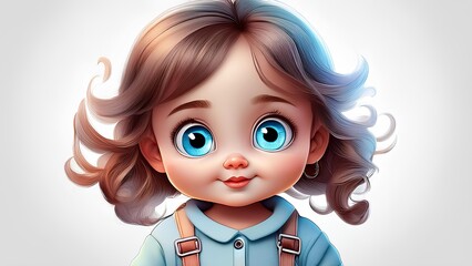 Fairytale child, close-up on white background. Cartoon girl with big blue glasses.