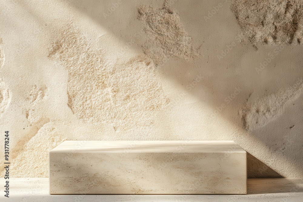 Poster showcase item on a light stone base, separated from a minimalist backdrop containing a stone panel a