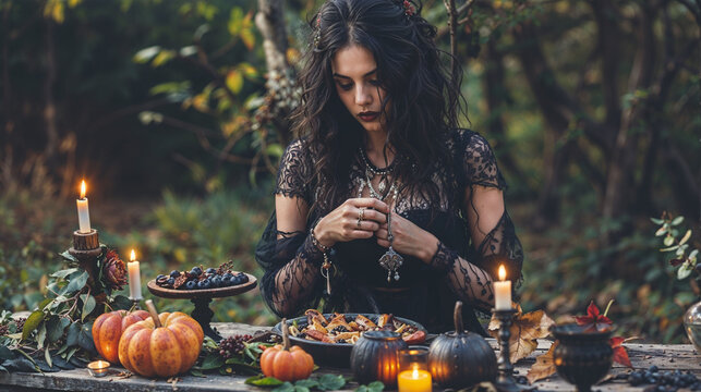 Enchanting forest scene with dark-haired young gothic woman in lace dress. Autumnal altar for Lilith goddess with pumpkins and mystical candles. Witchy atmosphere for wiccan nature-based spirituality.