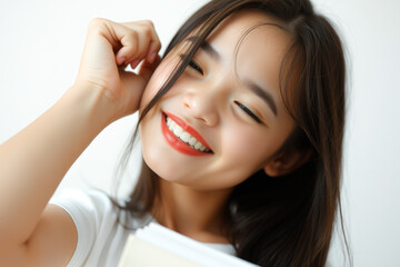Fototapeta premium Closeup portrait of a beautiful young woman smiling with her hand on her cheek