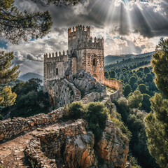 Majestic medieval castle perched atop a rugged cliff, surrounded by lush, verdant forests and dramatic cloudy skies. Epic landscape for the background of a wallpaper.