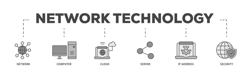 Network technology icons process structure web banner illustration of network, computer, cloud, server, ip address and security icon png transparent background.