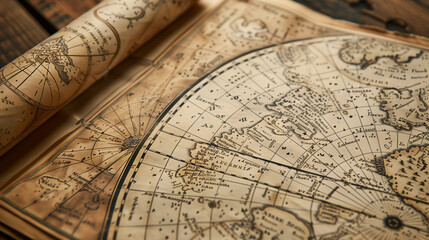 Medieval cartographic map on an old yellowed parchment, with nautical decoration, and a representation of the earth, continents, seas, stars and constellations. History of adventures