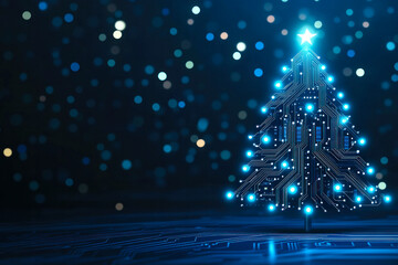 A digital Christmas tree adorned with glowing lights against a blurred festive background, symbolizing technology and holiday spirit
