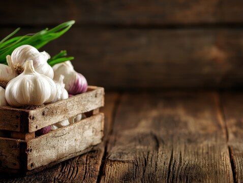Fresh garlic bulbs in a rustic wooden box, perfect for culinary designs and natural food themes.