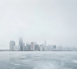 White background, San Francisco skyline in the distance, frozen lake with foggy cityscape, soft grey sky, muted color tones, minimalist, monochromatic, 