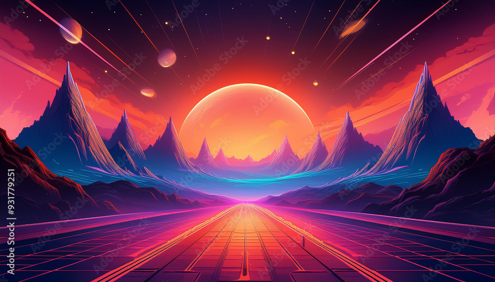Poster futuristic scenery with peaks and sunlight in outer space, featuring a synthwave vibe and dawn on a 