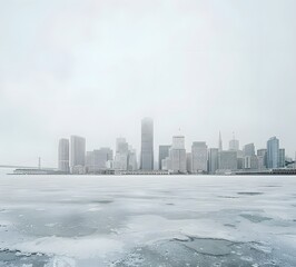 Fototapeta premium White background, San Francisco skyline in the distance, frozen lake with foggy cityscape, soft grey sky, muted color tones, minimalist, monochromatic, 
