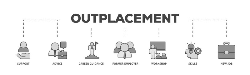 Outplacement icons process structure web banner illustration of mer employer, workshop, skills, new job, training, and presentation icon png transparent background.