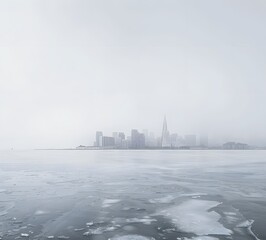Naklejka premium White background, San Francisco skyline in the distance, frozen lake with foggy cityscape, soft grey sky, muted color tones, minimalist, monochromatic, 