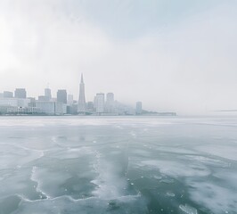 White background, San Francisco skyline in the distance, frozen lake with foggy cityscape, soft grey sky, muted color tones, minimalist, monochromatic, 