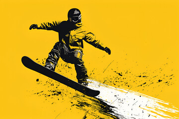 Stylized illustration of snowboarder carving on vibrant background
