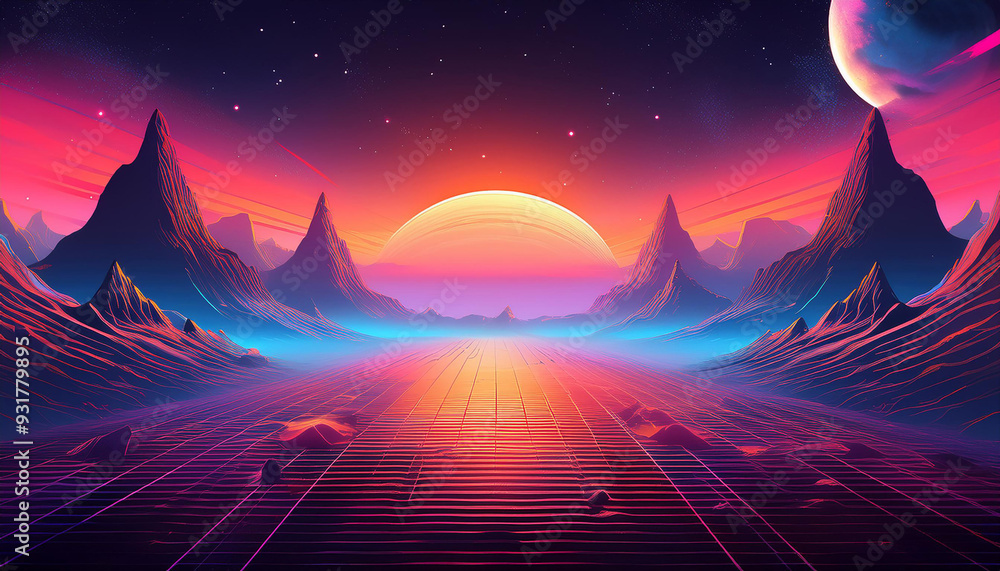 Poster futuristic scenery with peaks and sunlight in outer space, featuring a synthwave vibe and dawn on a 