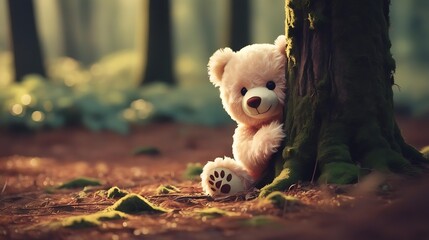 a adorable teddy bear with a sweet expression and big round eyes peeking from behind a oak tree trunk, its soft fur catching the warm sunlight that filters through the leaves, creating a sense.