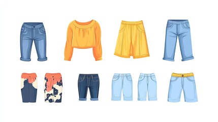 Set of jeans, denim, shorts, pants, casual wear, and trendy clothes.