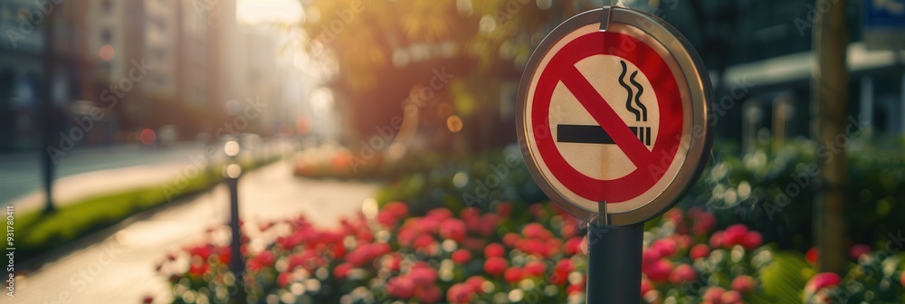 Poster a no smoking sign is prominently displayed near colorful flowers in a city park during the evening l