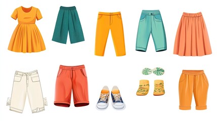 Set of summer clothes including a yellow dress, teal and orange pants, a white skirt, orange, red and blue shorts,  yellow shoes, sandals and sunglasses.