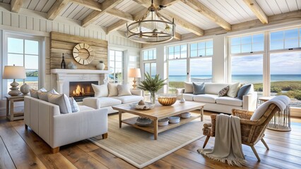 Fototapeta premium Whitewashed wood and weathered driftwood come together in perfect harmony to evoke a sense of serene tranquility within this coastal cottage, where bright rooms abound.