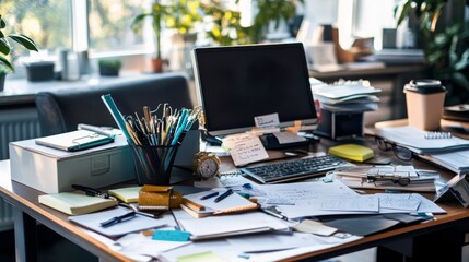Office cluttered with paperwork on the desk with computer, chaotic agenda, and a mountain of emails, representing Monday morning stress.