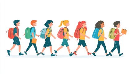 Fototapeta premium Back to school concept, happy group of children walking to school. Young girls & boys with backpacks & rucksacks. Inclusive positive education banner