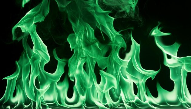 Abstract image showcasing vibrant green flames swirling on a dark background, creating a mesmerizing and intense visual effect.