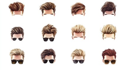 Twelve different hairstyles for men with sunglasses.
